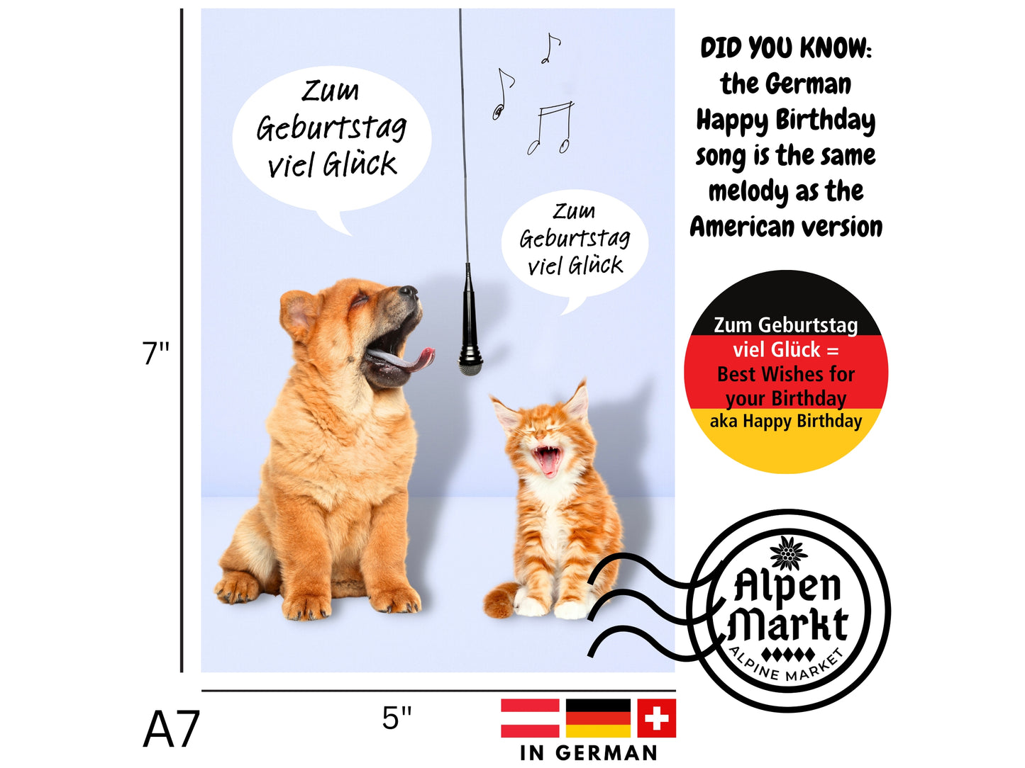 Puppy and Kitten Singing Birthday "Geburtstag" Greeting Card