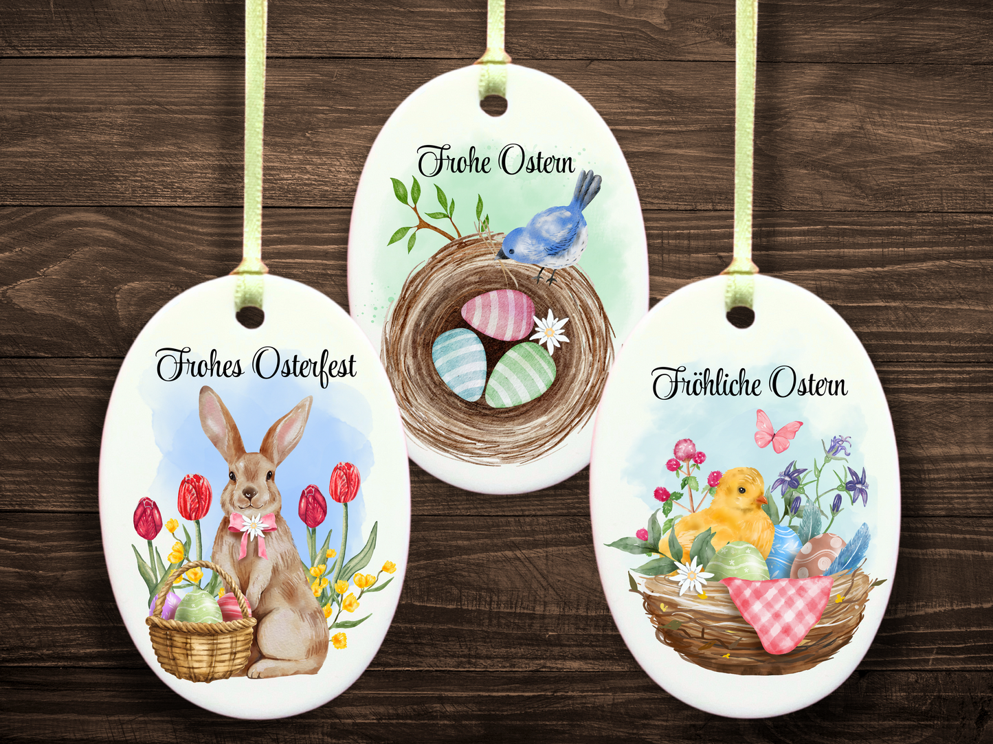 Set of 3 German Ceramic Easter Ornaments with Vintage Style Designs – Frohe Ostern