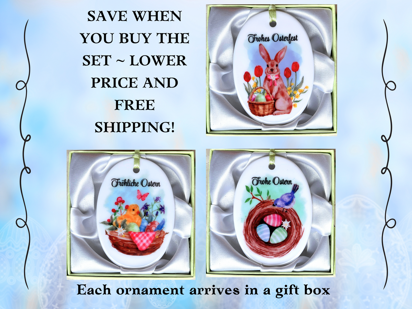 German Ceramic Easter Ornament with Colored Eggs in Bird Nest – Frohe Ostern