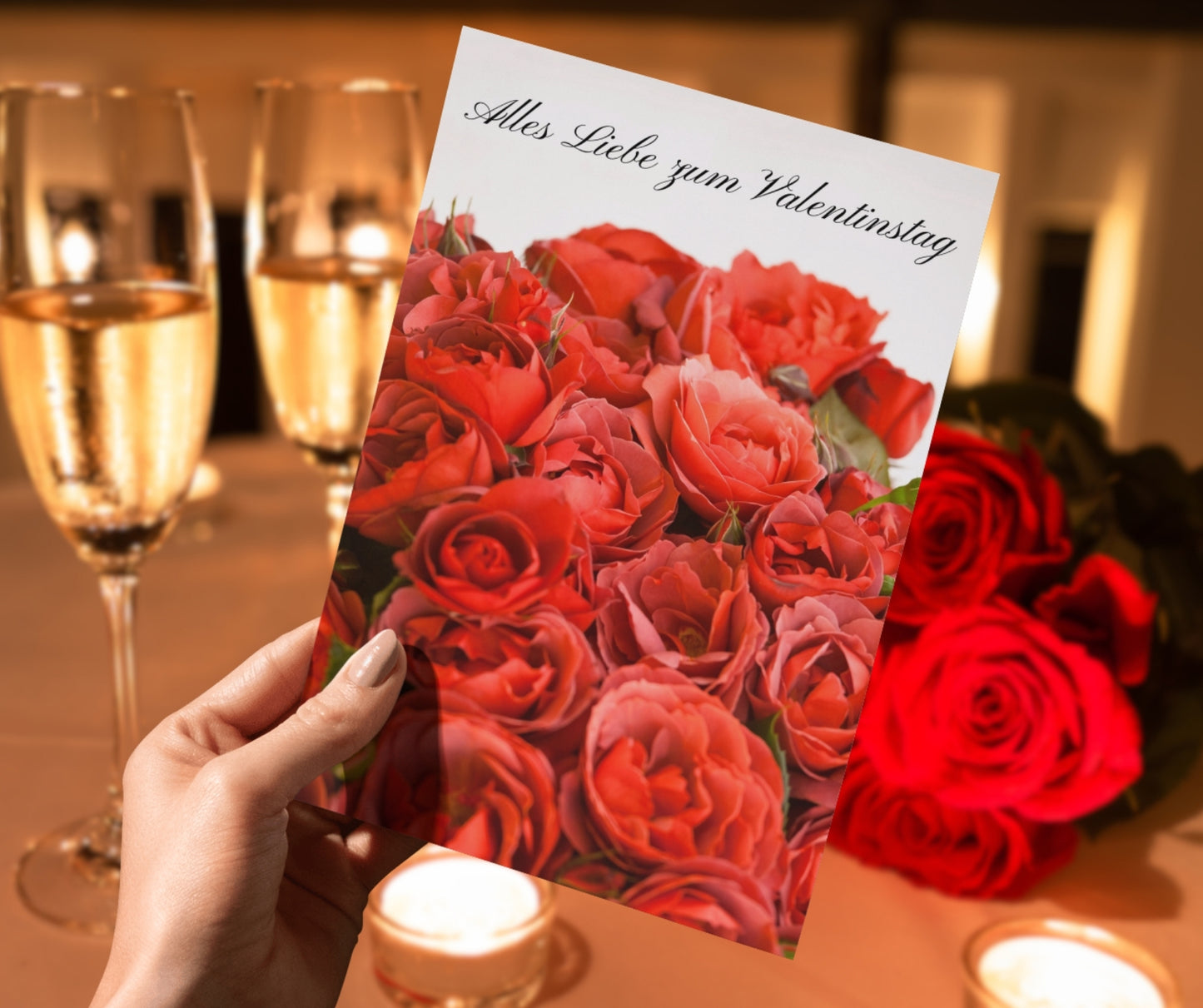 German romantic Valentine greeting card with bouquet of roses