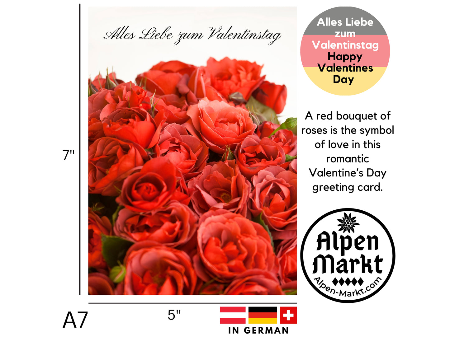 German romantic Valentine greeting card with bouquet of roses