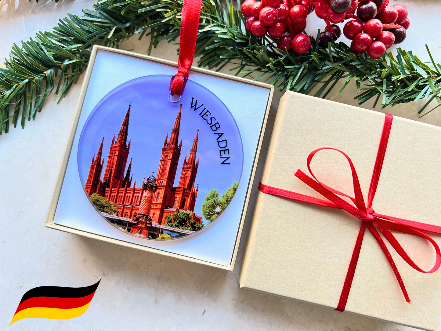 Wiesbaden Germany glass ornament with gift box