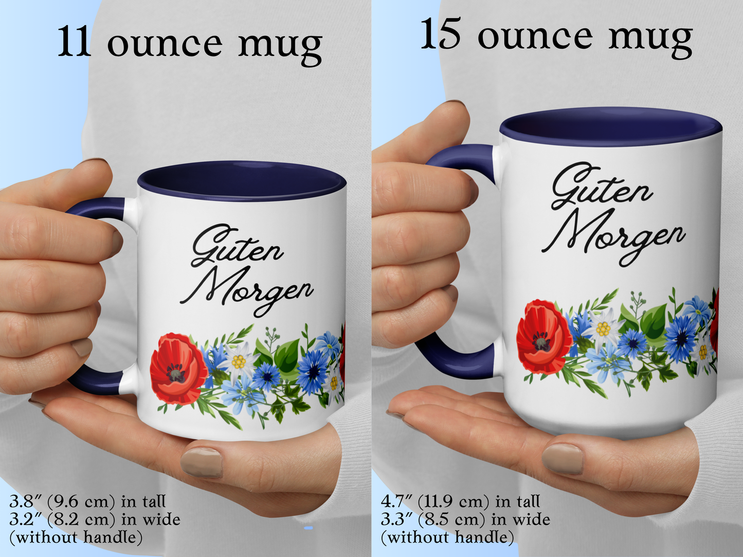 11 ounce mug in hand and 15 ounce mug in hand demonstrating size difference.
