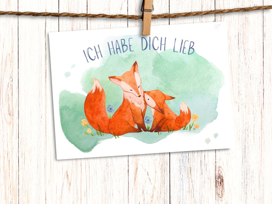 German greeting card for any occasion with big and small fox "Ich Habe Dich Lieb"