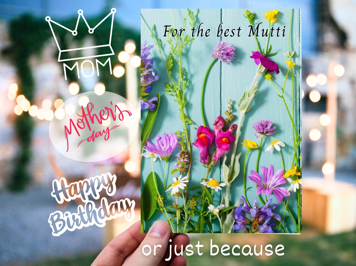 "For the best Mutti" German greeting card with flowers and text for Mother's Day and birthday, held by a hand.