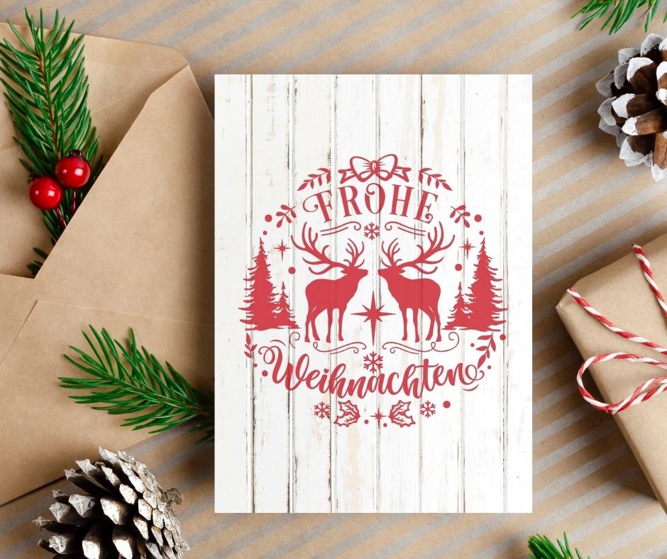 Reindeer Rustic German Christmas Card - Frohe Weihnachten