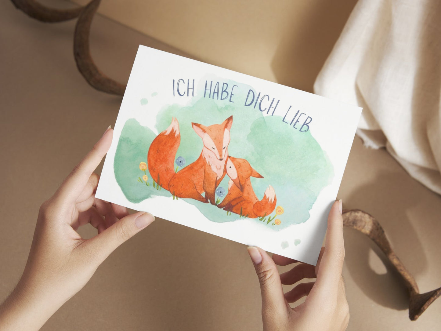 German greeting card for any occasion with big and small fox "Ich Habe Dich Lieb"