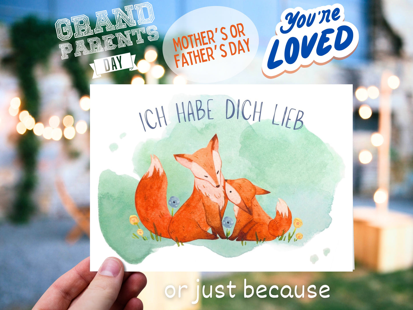 German greeting card for any occasion with big and small fox "Ich Habe Dich Lieb"