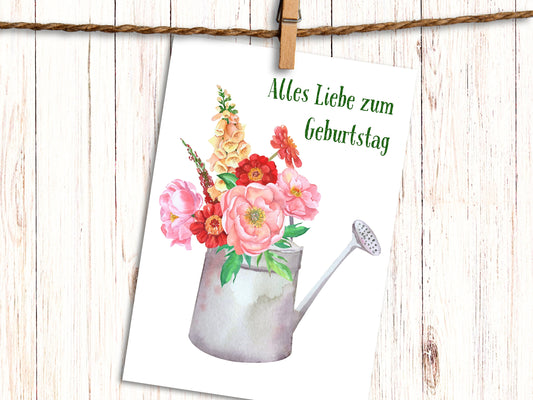 German Birthday card with pretty flowers in watering can