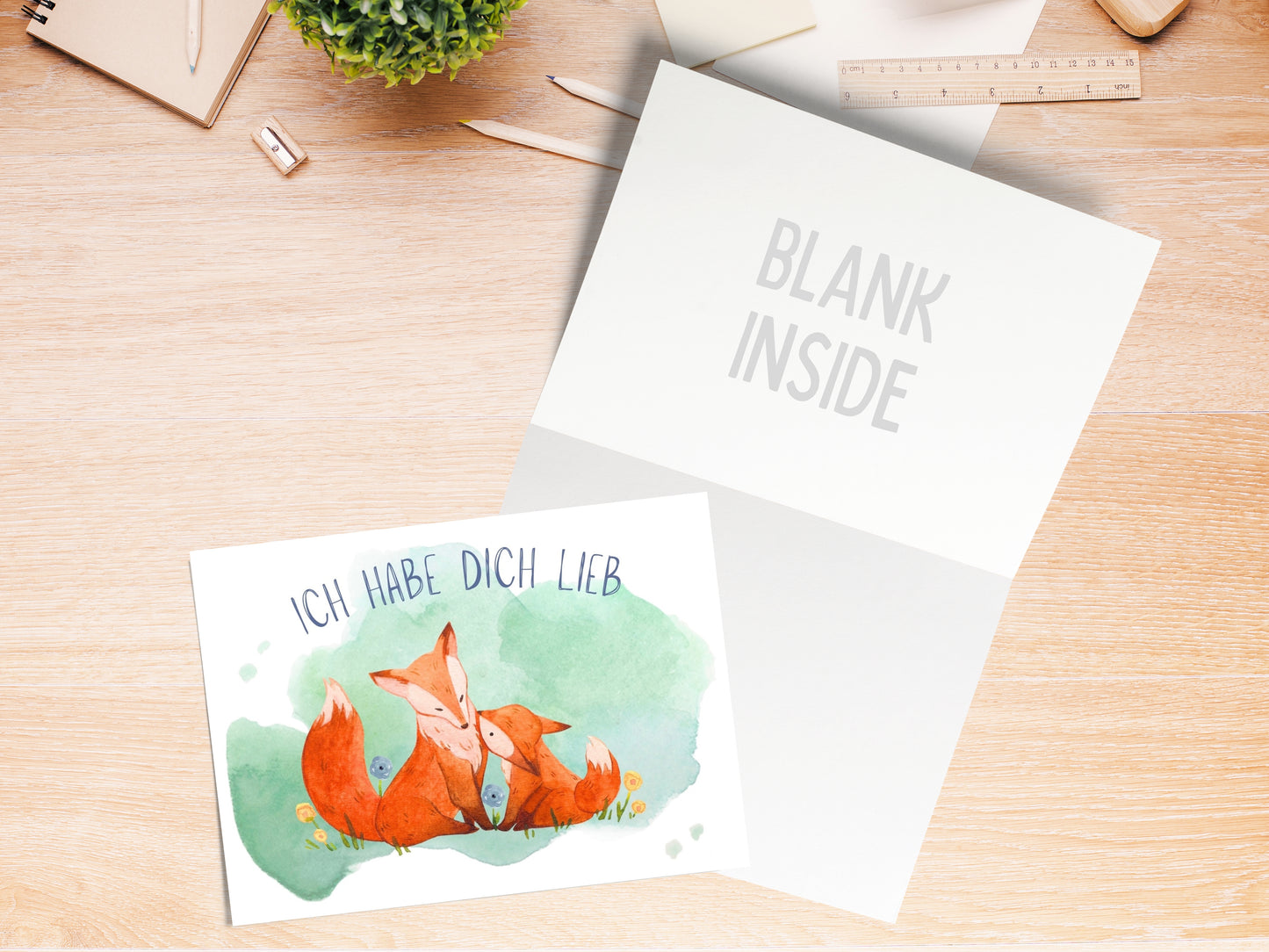 German greeting card for any occasion with big and small fox "Ich Habe Dich Lieb"