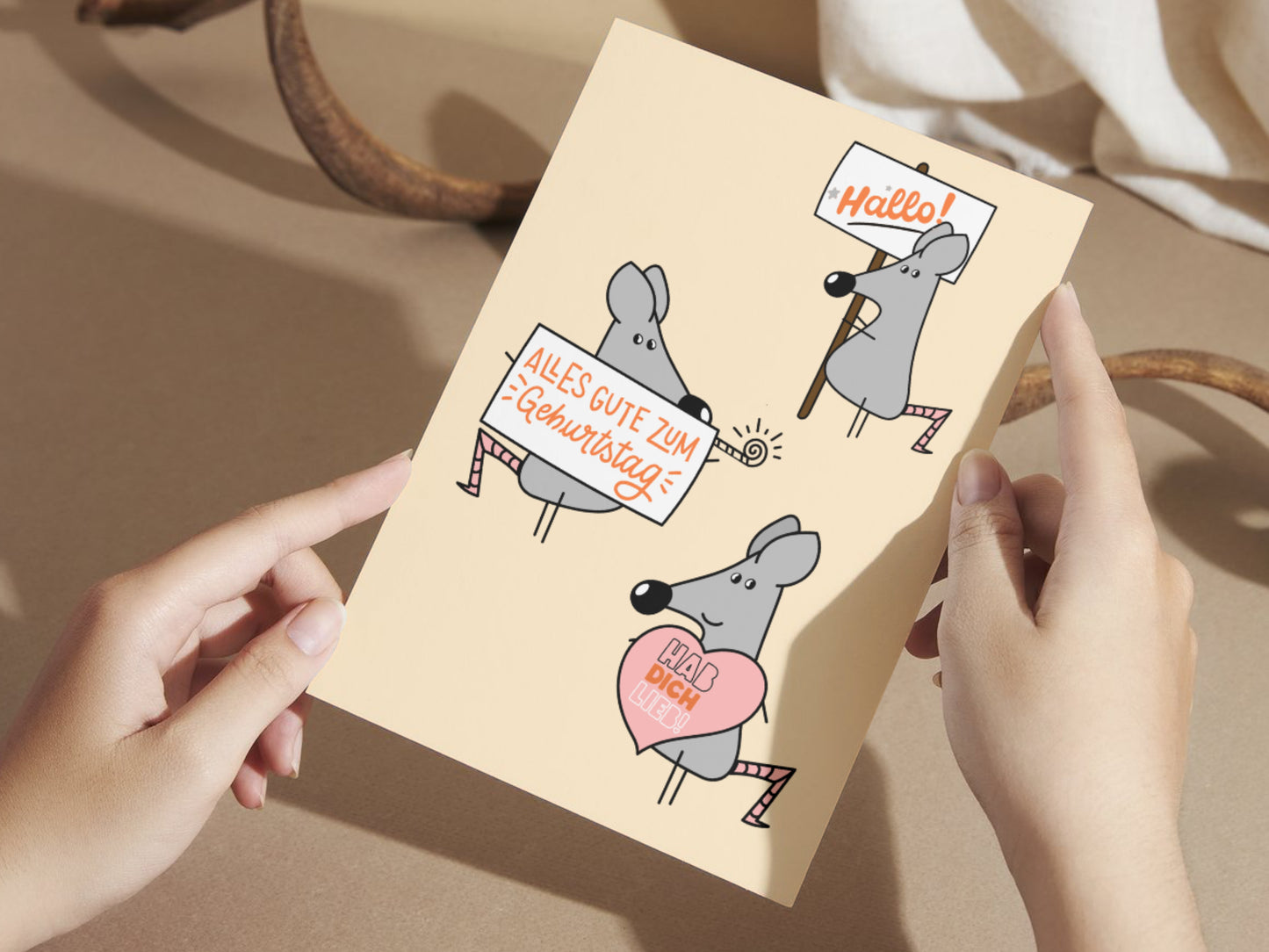 Mouse with Birthday Signs "Geburtstag" Greeting Card