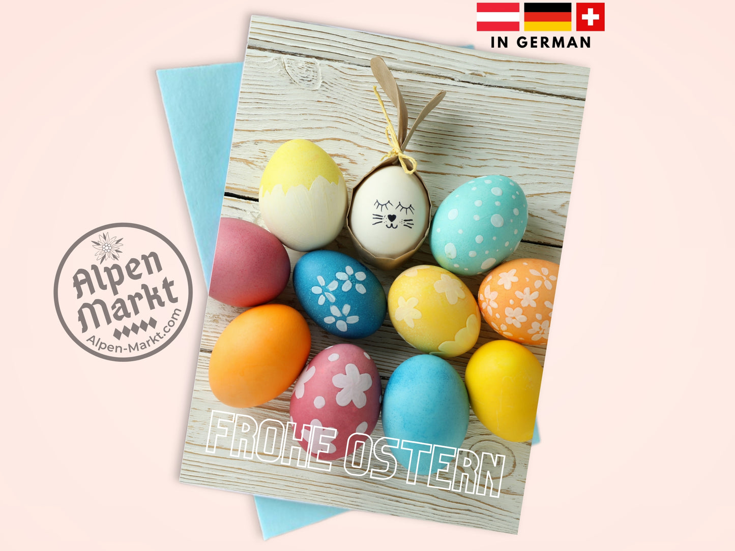 "Frohe Ostern" German Easter card with colored eggs