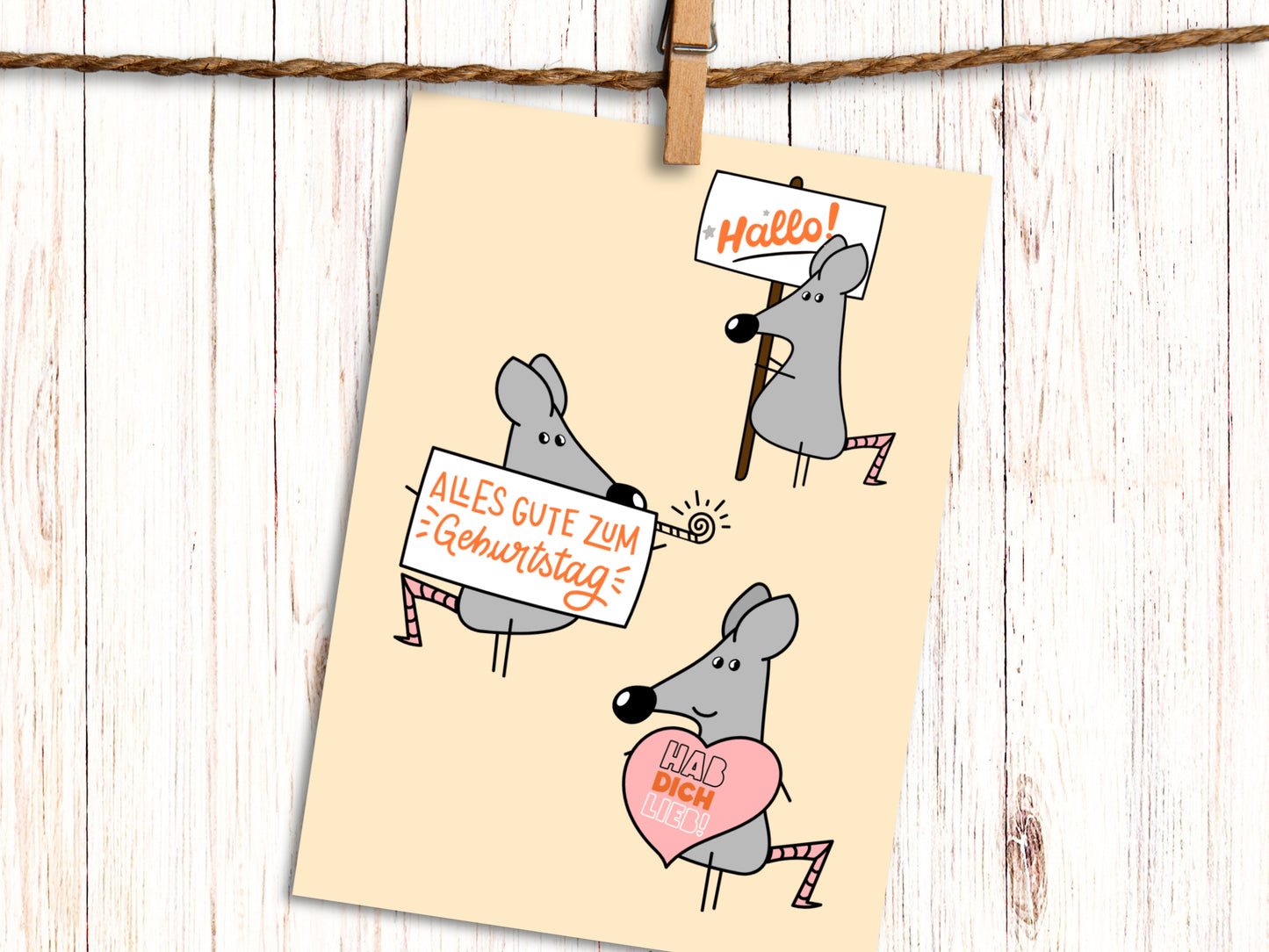 Mouse with Birthday Signs "Geburtstag" Greeting Card