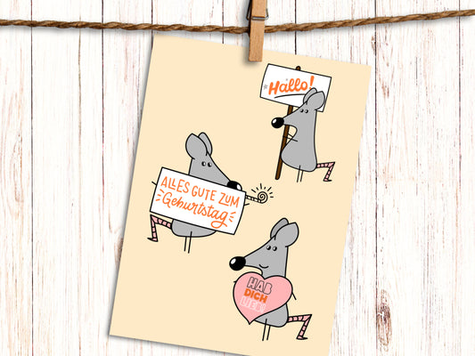 Mouse with Birthday Signs "Geburtstag" Greeting Card