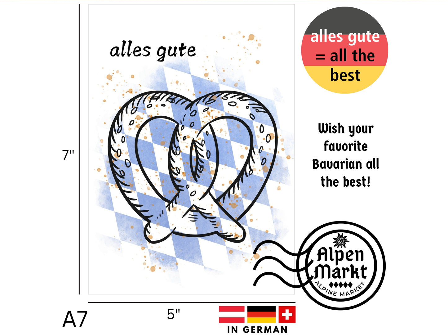 Bavarian Greeting Card with Pretzel "Alles Gute" for Any Occasion