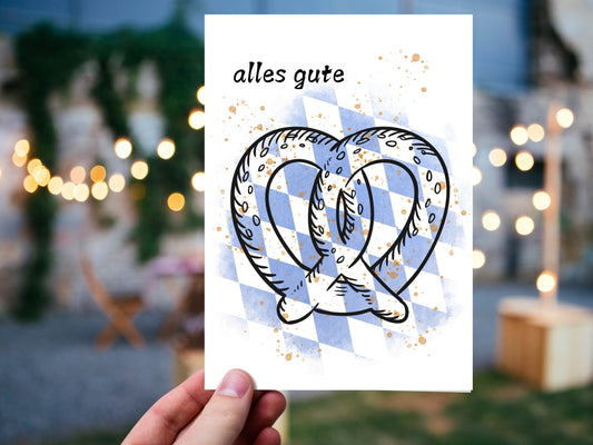 Bavarian Greeting Card with Pretzel "Alles Gute" for Any Occasion
