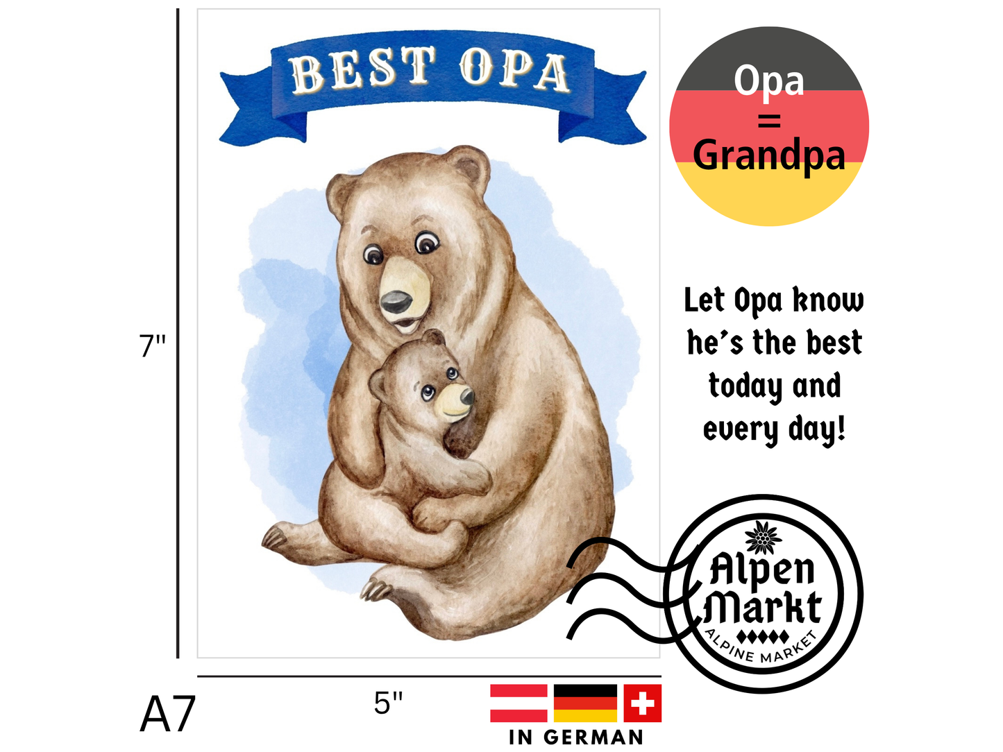 "Best Opa" bear hug German greeting card for Grandpa
