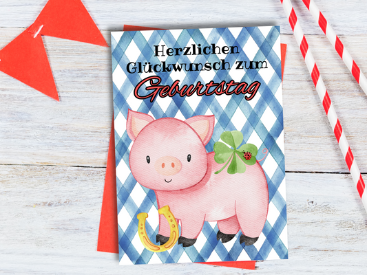 Lucky Pig German Birthday "Geburtstag" Greeting Card