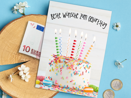 German Birthday card with picture of white cake with colorful sprinkles, candy, and candles; text across the top of card "Beste Wünsche zum Geburtstag" means best wishes for your Birthday.