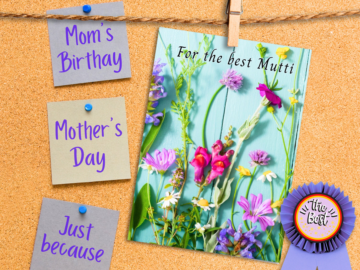Greeting card with floral design and 'For the best Mutti' text, with Mother's Day, Mom's Birthday, Just Because notes and a "the Best" blue ribbon pinned to a cork board.