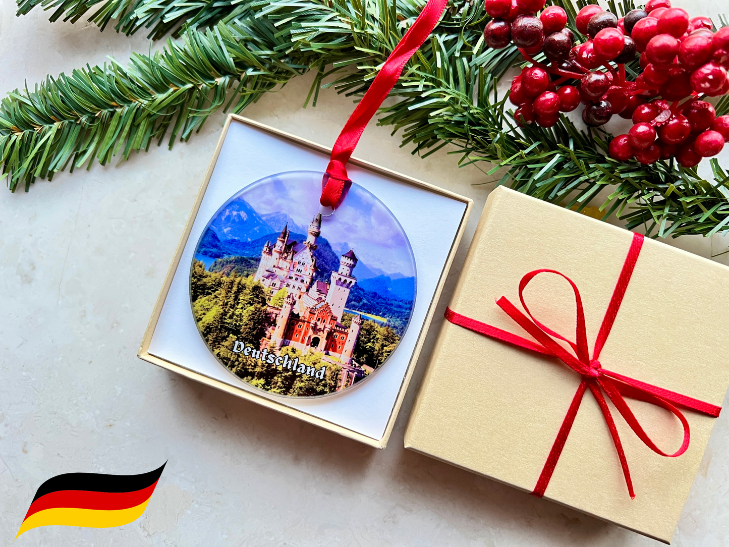 Deutschland German castle glass ornament with gift box - Neuschwanstein with blue mountains