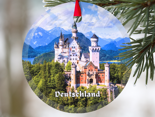 Deutschland German castle glass ornament with gift box - Neuschwanstein with blue mountains