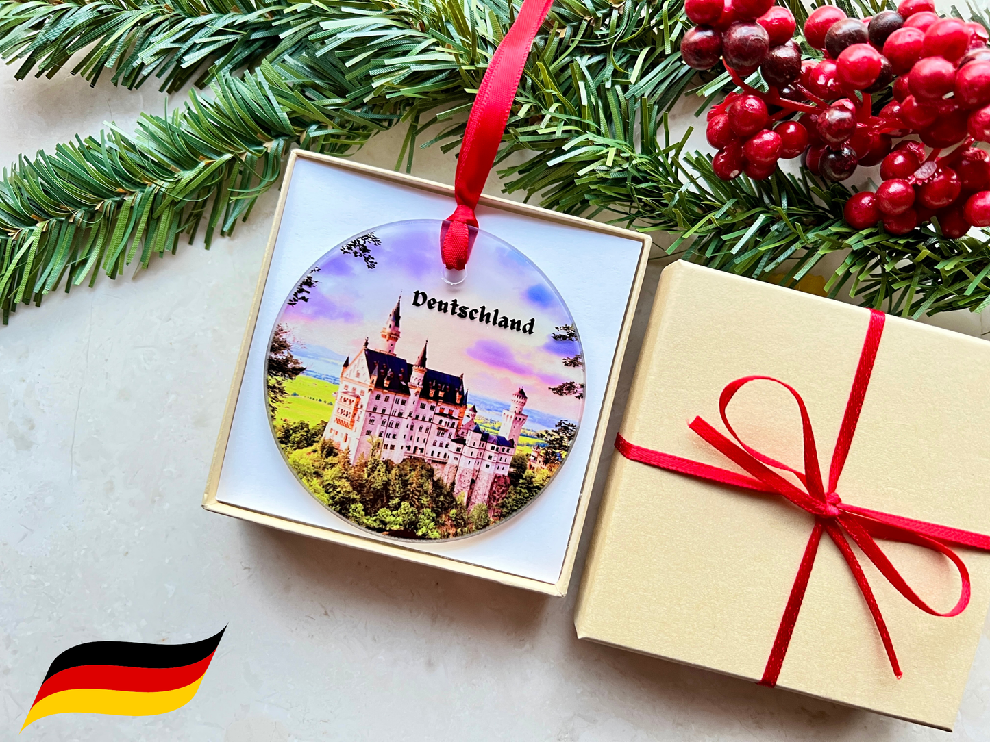 Deutschland German castle glass ornament with gift box - Neuschwanstein with pink sky