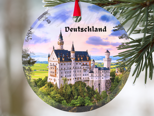 Deutschland German castle glass ornament with gift box - Neuschwanstein with pink sky