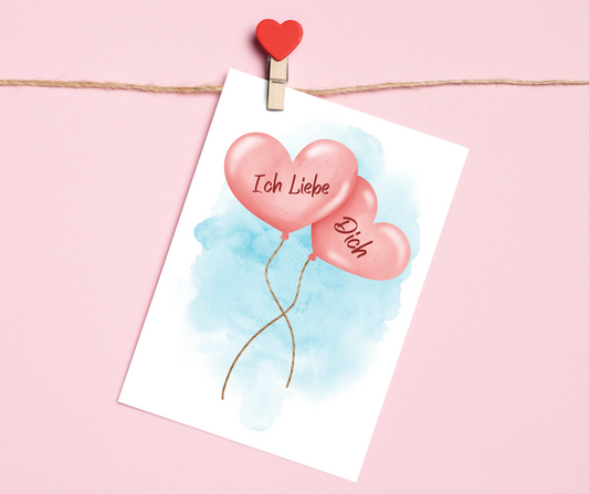 Heart Balloons "Ich Liebe Dich" German I Love You romantic card for Valentine Anniversary or just because