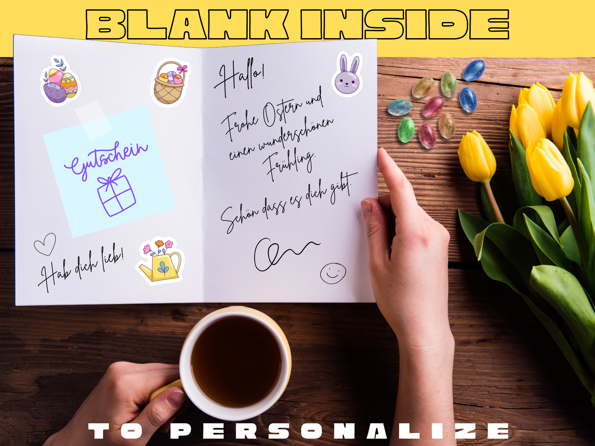 Banner says "Blank Inside to Personalize" demonstrated by hand holding an open greeting card with personalized text and doodles. 