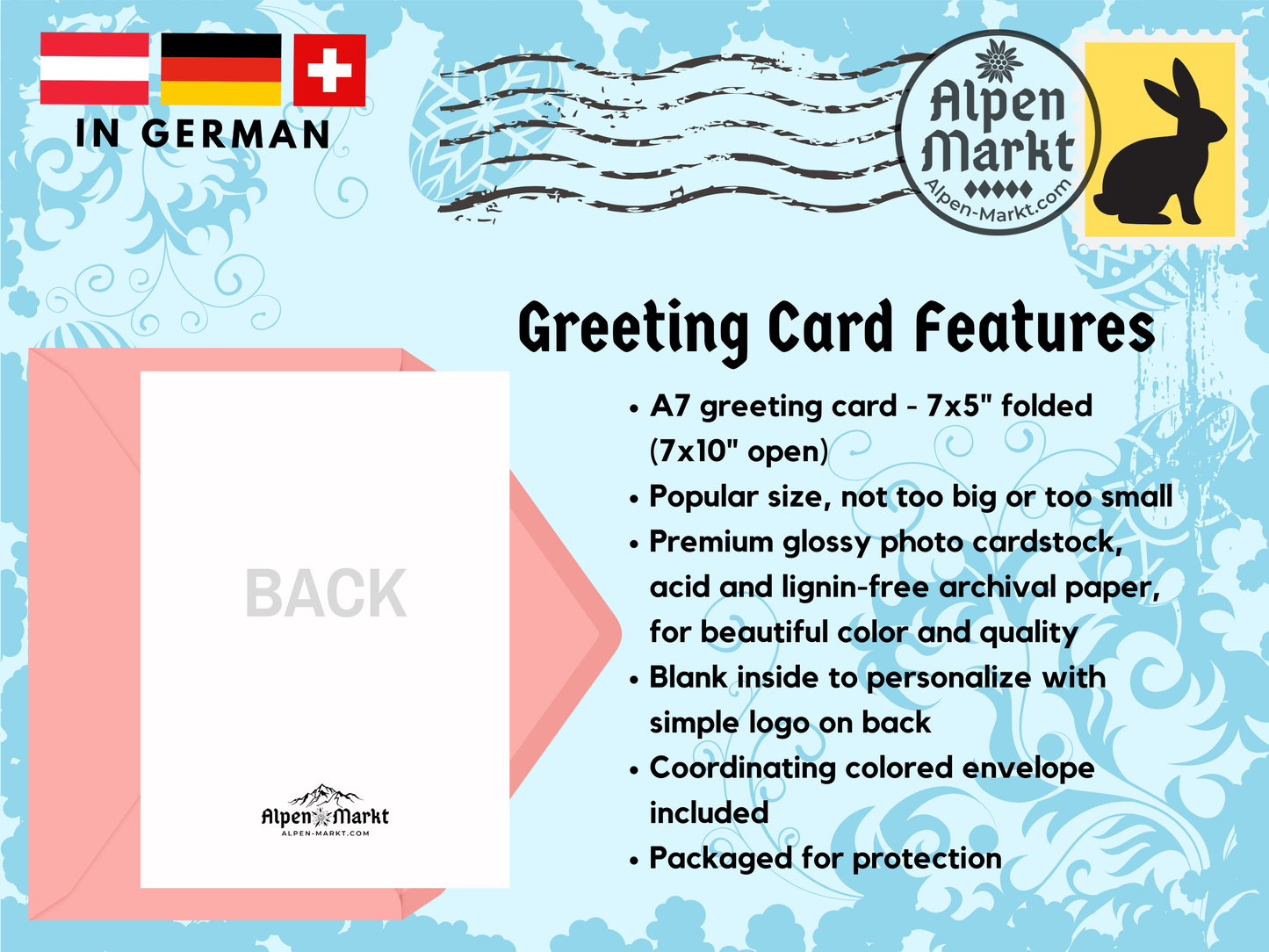 Greeting Card Features: A7 greeting card - 7x5" folded (7x10" open). Popular size, not too big or too small. Premium glossy photo cardstock, acid and lignin-free archival paper, for beautiful color and quality. Blank matte finish inside to personalize with simple logo on back. Coordinating colored envelope included. Packaged for protection.
