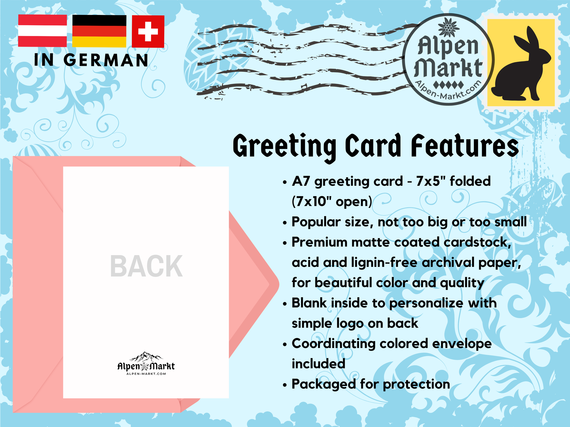 Greeting Card Features: A7 greeting card - 7x5" folded (7x10" open). Popular size, not too big or too small. Premium matte coated cardstock, acid and lignin-free archival paper, for beautiful color and quality. Blank matte finish inside to personalize with simple logo on back. Coordinating colored envelope included. Packaged for protection.