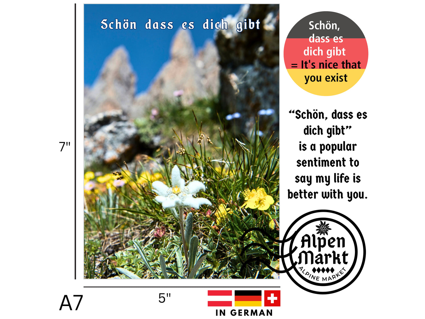 German greeting card with Edelweiss in the Alps