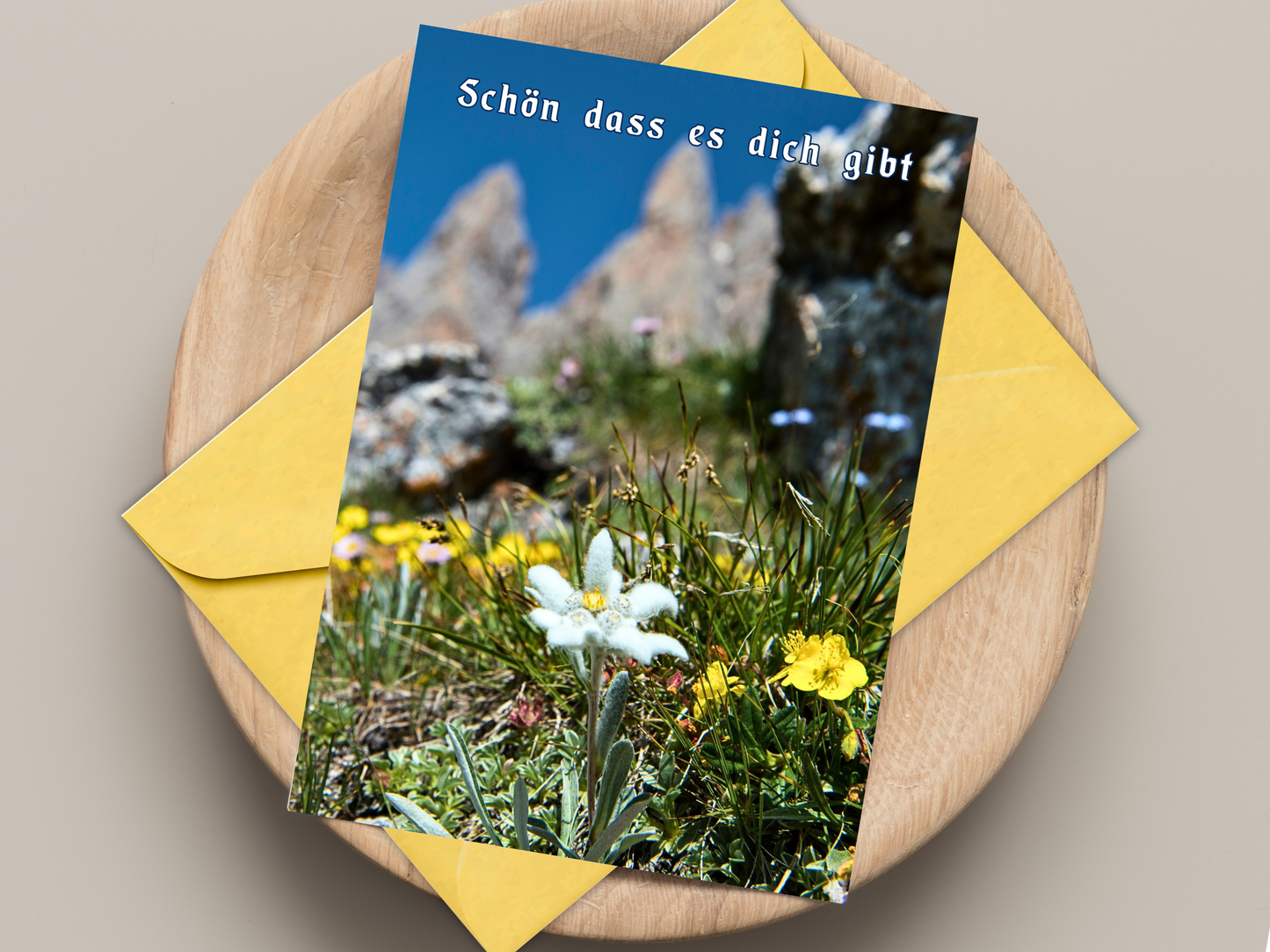 German greeting card with Edelweiss in the Alps