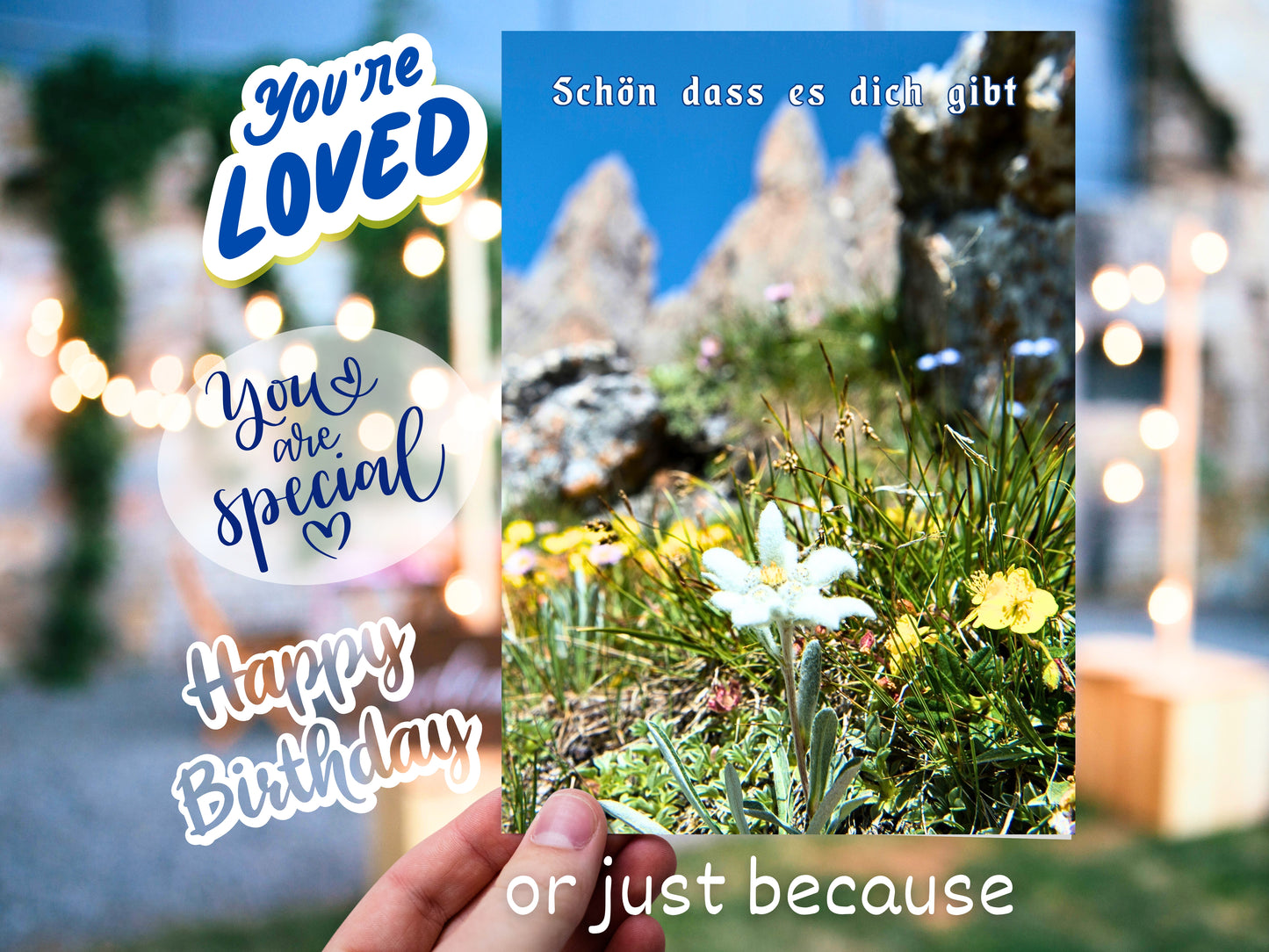 German greeting card with Edelweiss in the Alps
