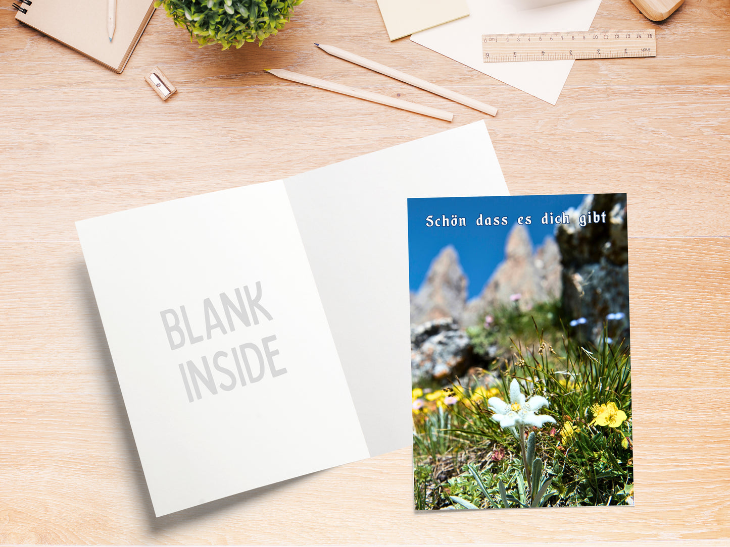 German greeting card with Edelweiss in the Alps
