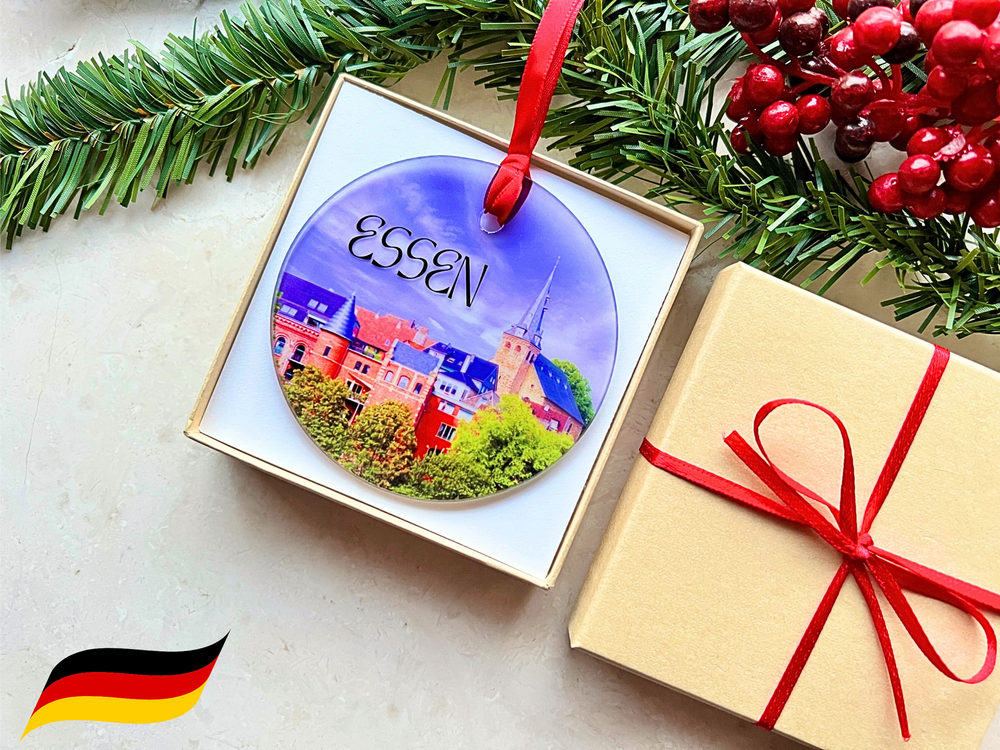 Essen Germany glass ornament with gift box