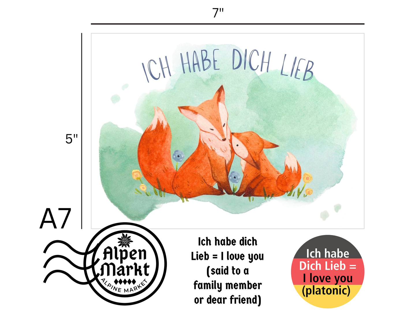 German greeting card for any occasion with big and small fox "Ich Habe Dich Lieb"