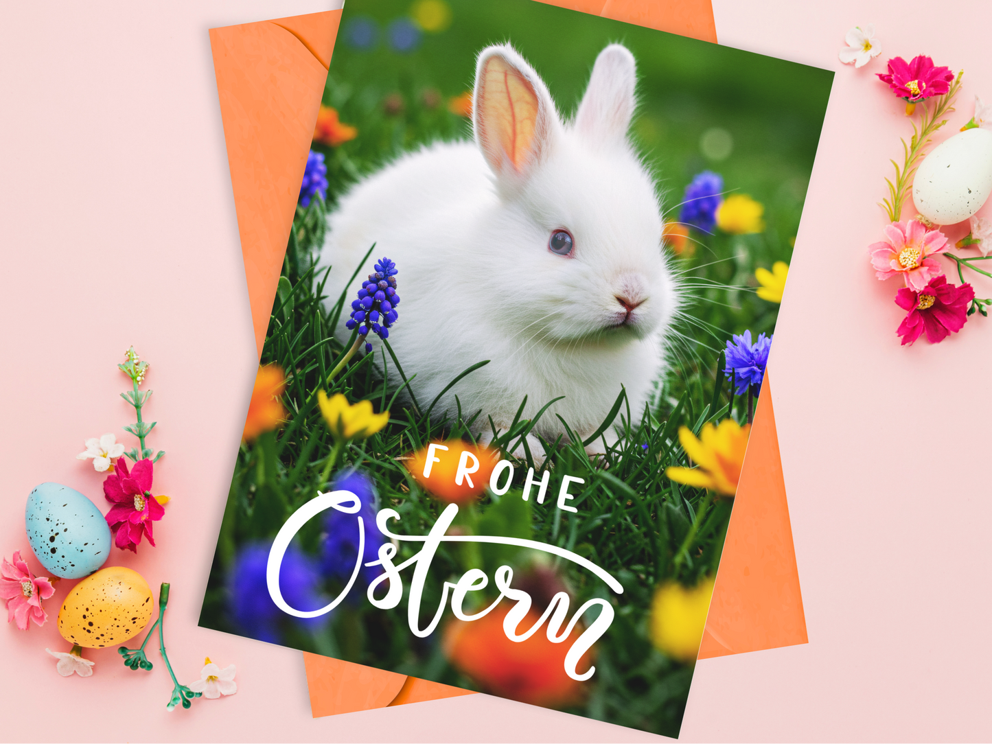 German Easter card with a white rabbit sitting among vivid spring flowers in grassy meadow and text "Frohe Ostern."