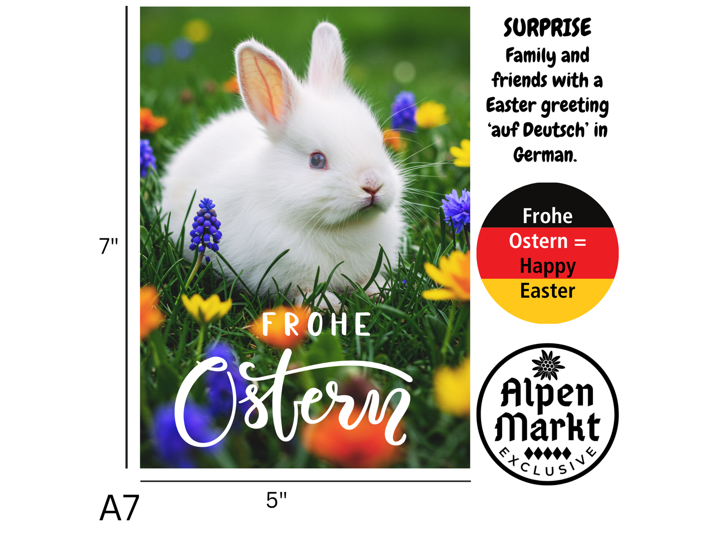 "Frohe Ostern" German card with white Easter Bunny