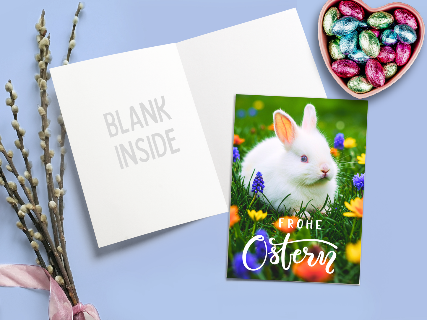 "Frohe Ostern" German card with white Easter Bunny