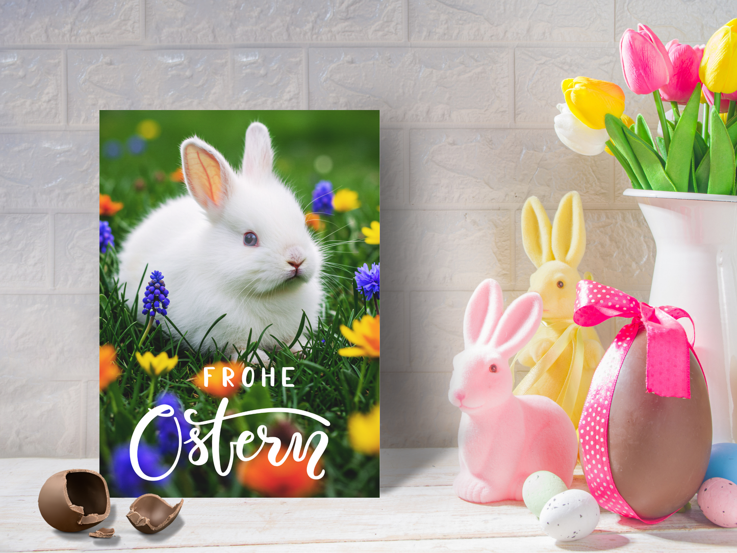 "Frohe Ostern" German card with white Easter Bunny