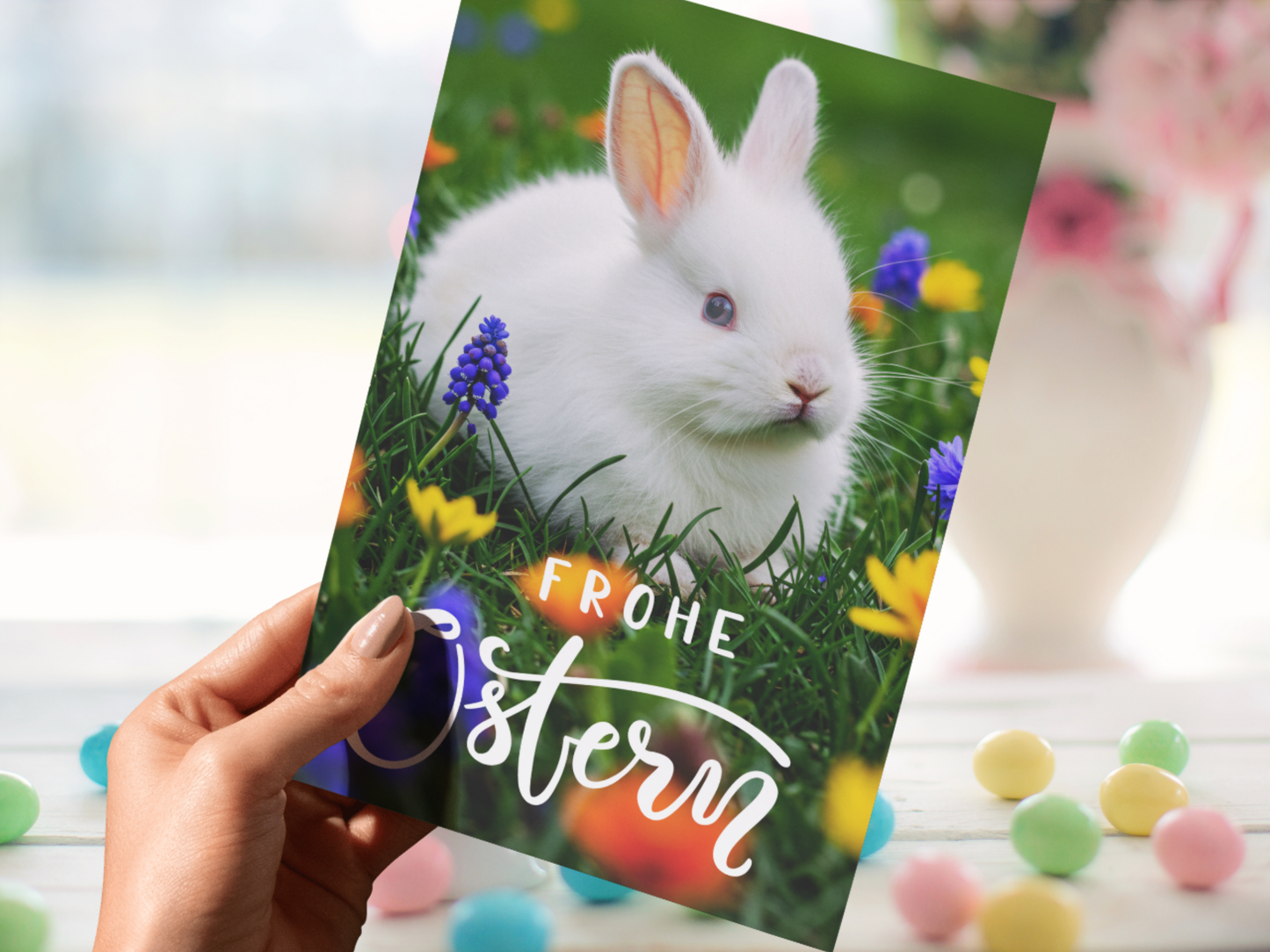 "Frohe Ostern" German card with white Easter Bunny
