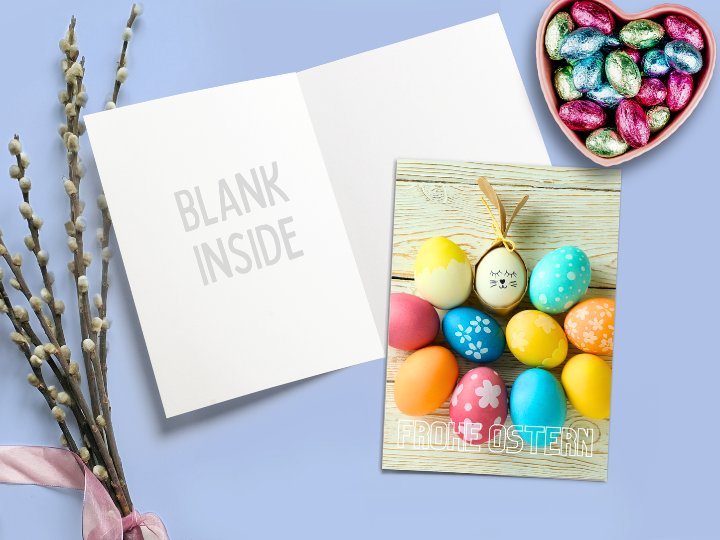 "Frohe Ostern" German Easter card with colored eggs