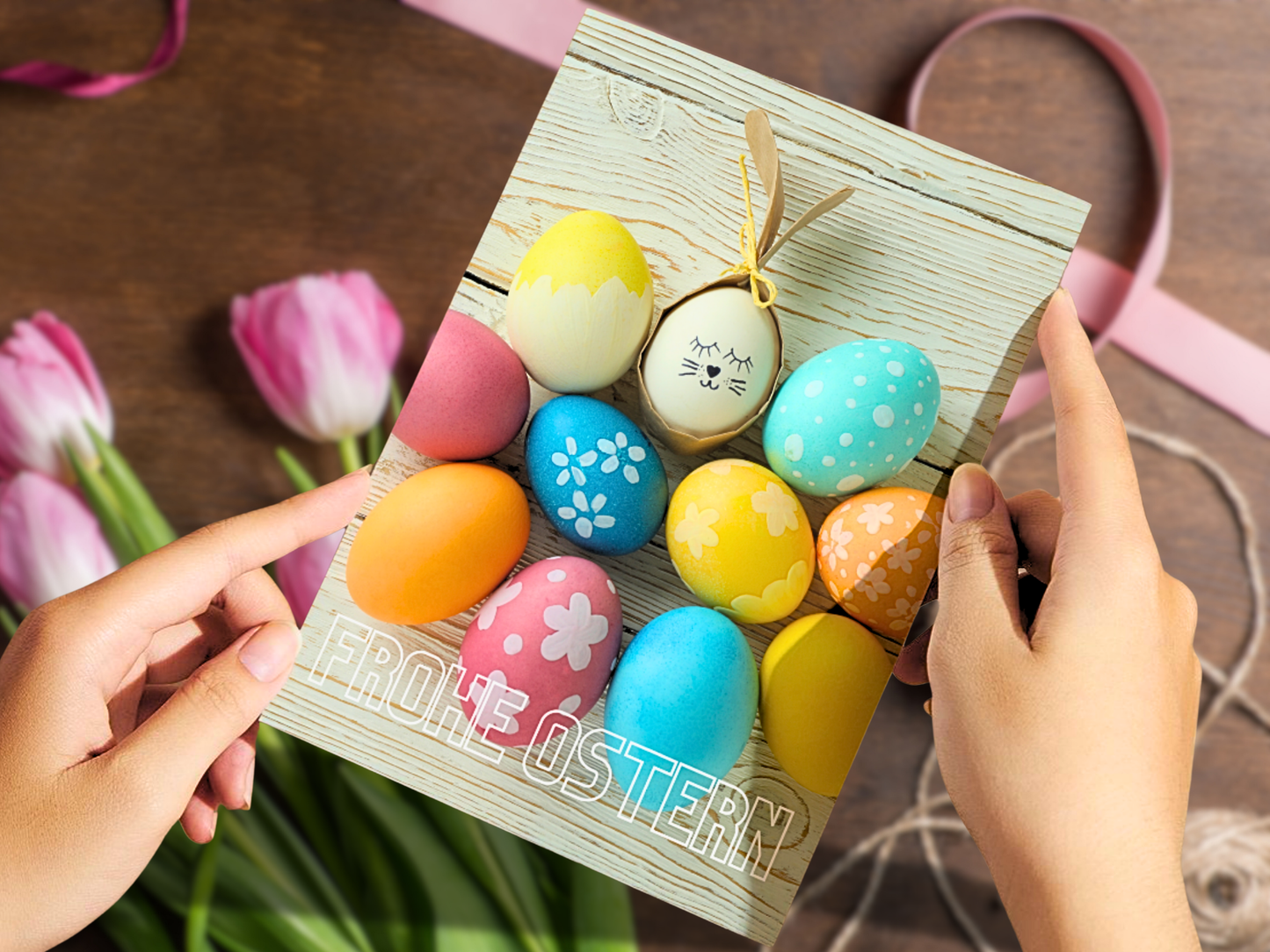 "Frohe Ostern" German Easter card with colored eggs