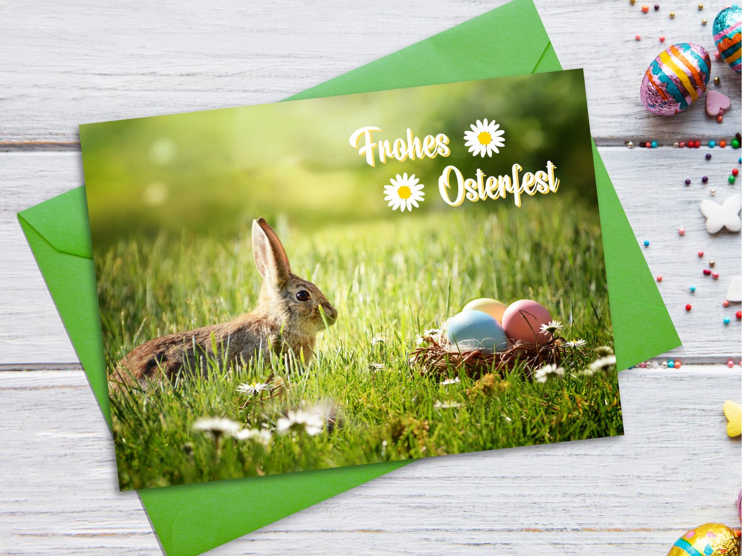 German Easter card with photo of a brown bunny rabbit and colored eggs on a grassy field, featuring the text 'Frohes Osterfest'.