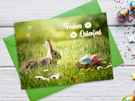 German Easter card with photo of a brown bunny rabbit and colored eggs on a grassy field, featuring the text 'Frohes Osterfest'.