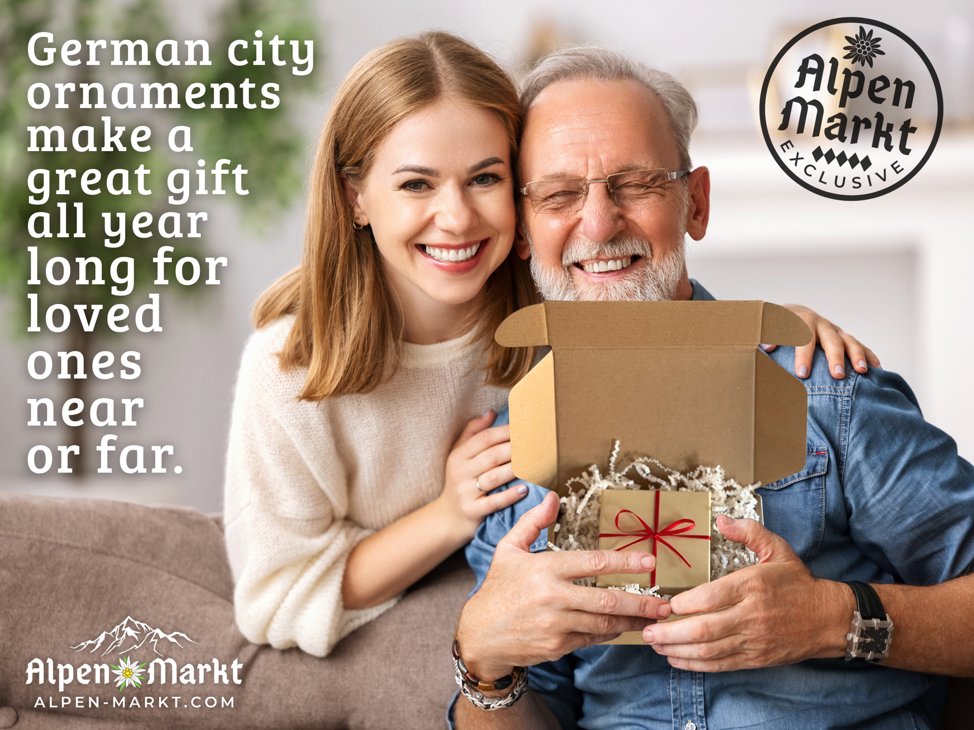 Man and woman holding a gift box with text "German city ornaments make a great gift all year long for loved ones
near or far."