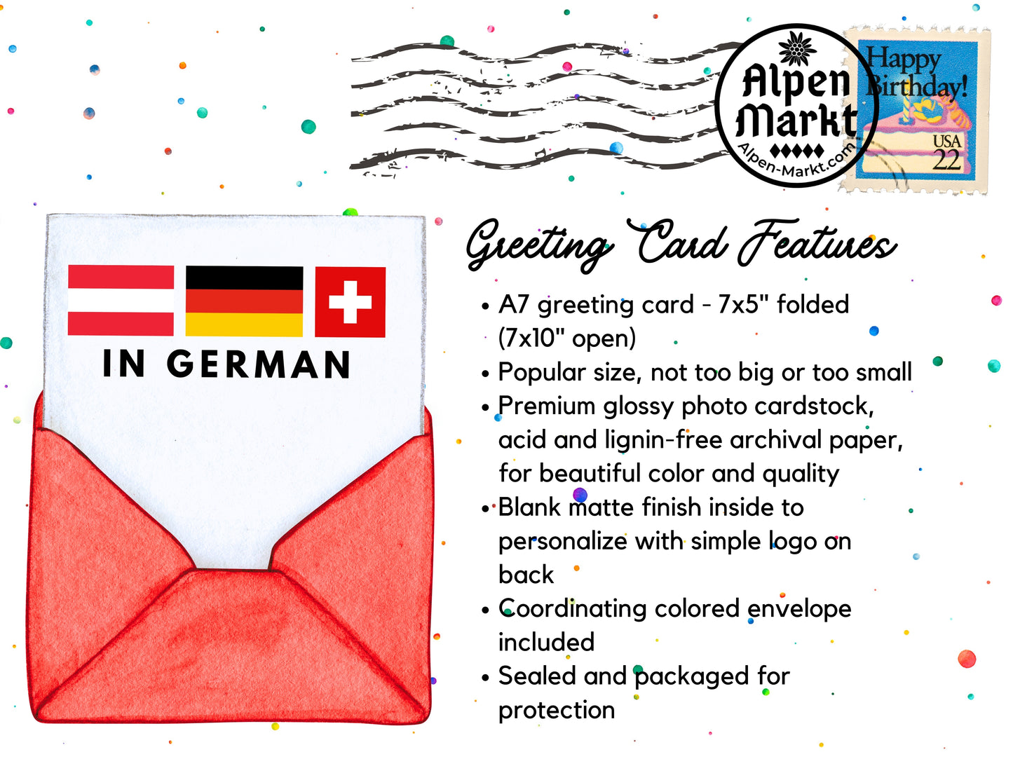 Greeting Card Features: A7 greeting card - 7x5" folded (7x10" open).
Popular size, not too big or too small.
Premium glossy photo cardstock, acid and lignin-free archival paper, for beautiful color and quality.
Blank matte finish inside to personalize with simple logo on back.
Coordinating colored envelope included
Sealed and packaged for protection.