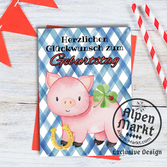 Lucky Pig German Birthday "Geburtstag" Greeting Card
